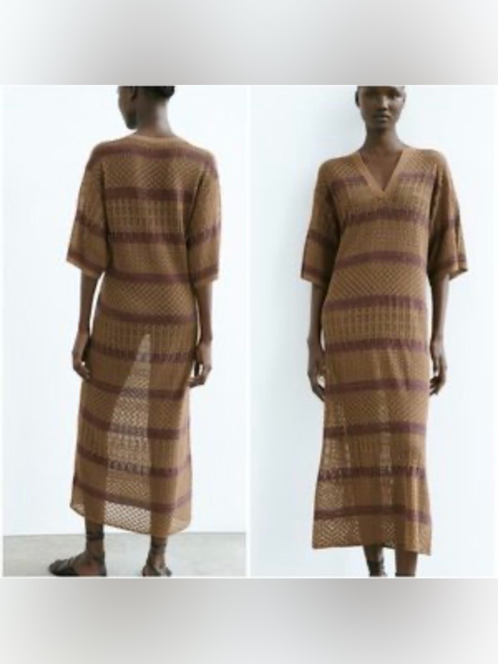 NWT Zara Brown and Burgundy Striped Knit Maxi Dress vacation Beach Coverup sheer